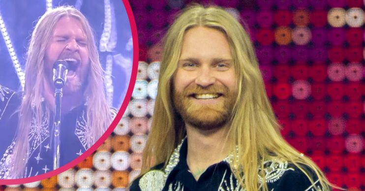 UK Eurovision act Sam Ryder smiling at the camera paired with him performing on stage