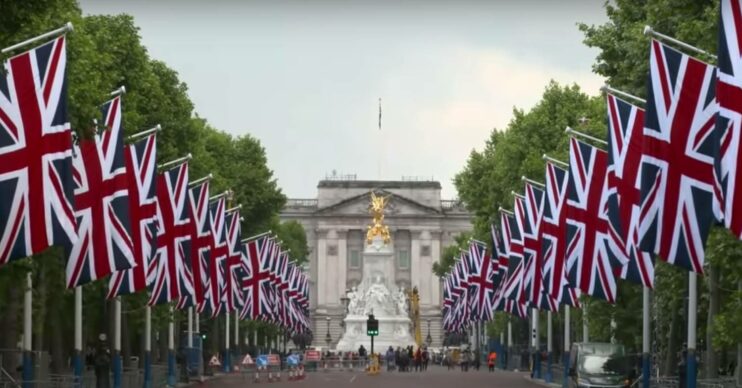Pall Mall leading to Buckingham Palace festooned with Union Jacks