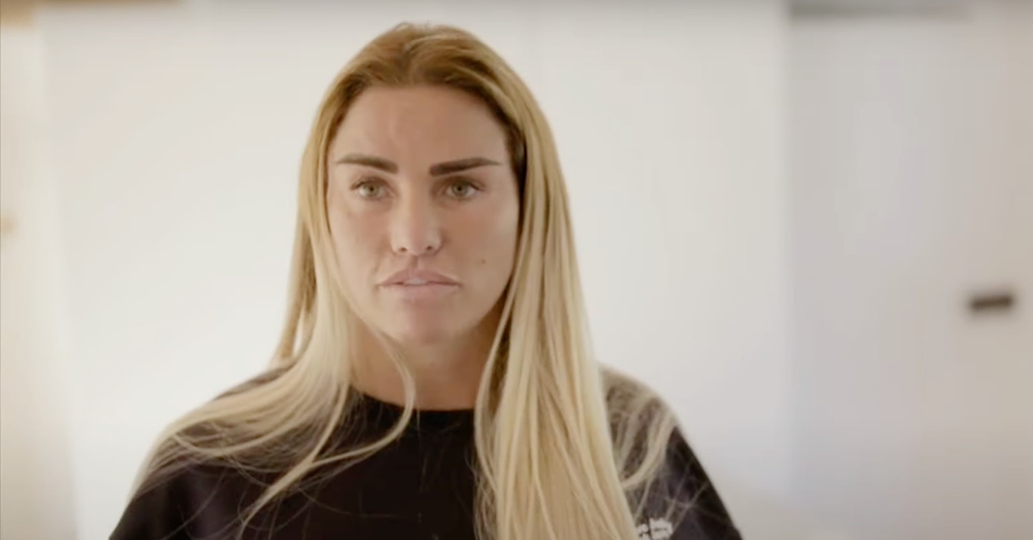 Katie Price speaking to camera, looking concerned