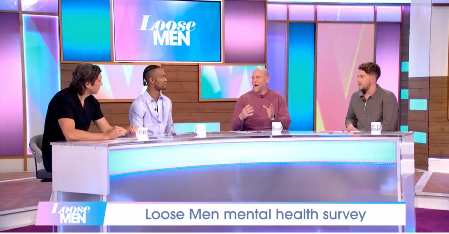 Wide shot of Vernon Kay, Johannes Radebe, Mike Tindall, Roman Kemp around the Loose Men panel on ITV