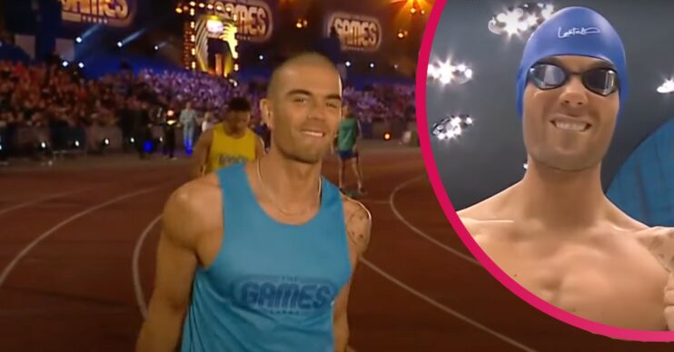 Max George smiling on a running track, Max topless with goggles and a swimming cap on during The Games