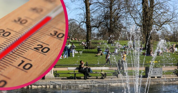 People sunbathing in a park during warm weather. A fountain can be seen in the foreground, big thermometer showing more than30C