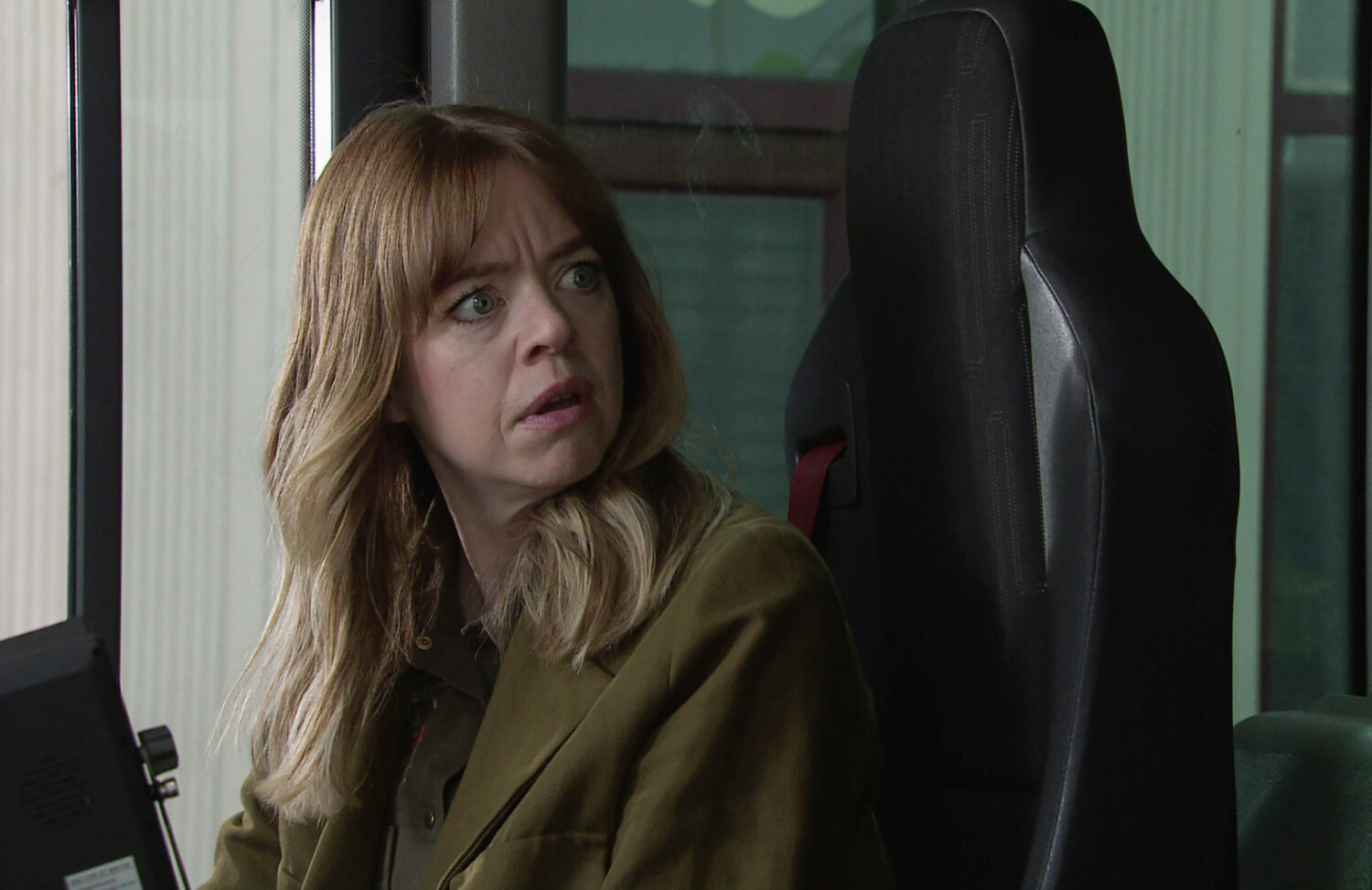 Coronation Street Spider gets into the bin lorry beside shocked Toyah