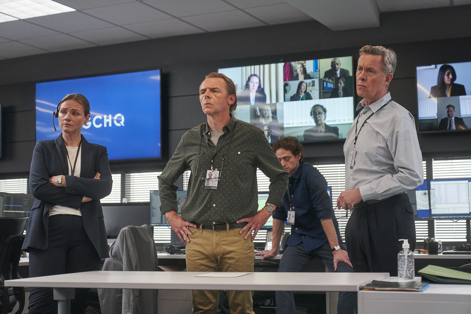 Simon Pegg as Danny, Melanie Gutteridge as Chrissie, Andrew Rothney as Rich, Alex Jennings as David looking concerned in the Undeclared War