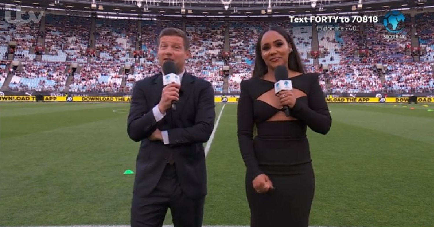 Dermot O'Leary and Alex Scott on a football pitch hosting Soccer Aid