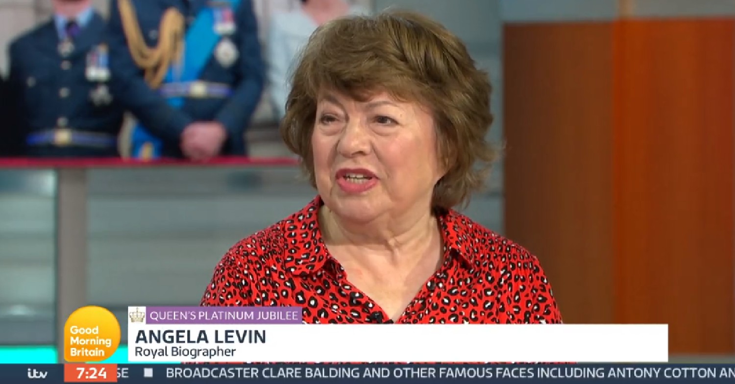 Angela Levin in red patterned top as she speaks on Good Morning Britain today