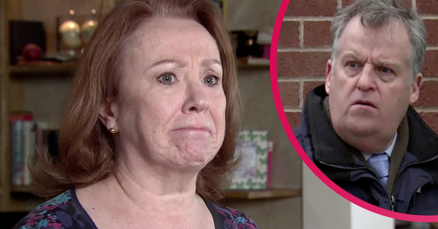 Coronation Street Cathy looks worried while Brian looks on.
