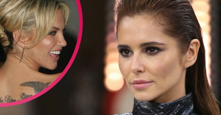 Sarah Harding smiling while looking over her shoulder and Cheryl smouldering at event
