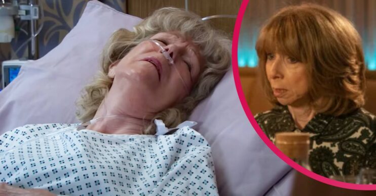 Audrey Roberts lays in a hospital bed and Gail looks shocked