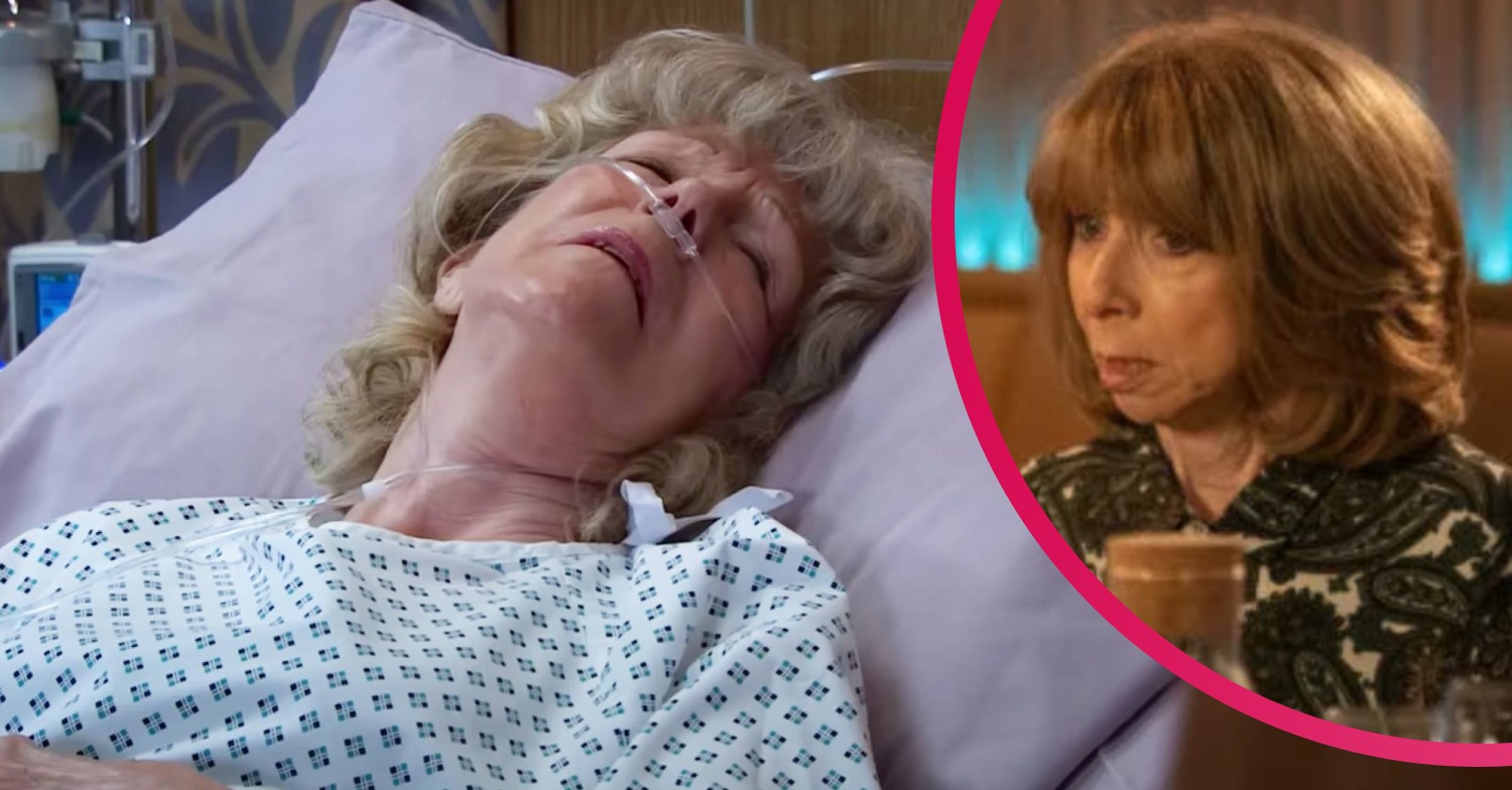 Audrey Roberts lays in a hospital bed and Gail looks shocked