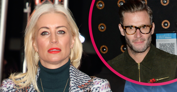 Denise Van Outen looking concerned and inset of ex Eddie