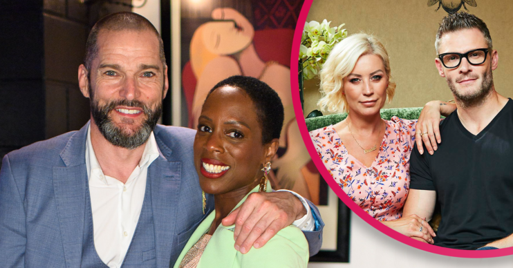 Fred Sirieix and Fruitcake smiling and Denise Van Outen watching TV