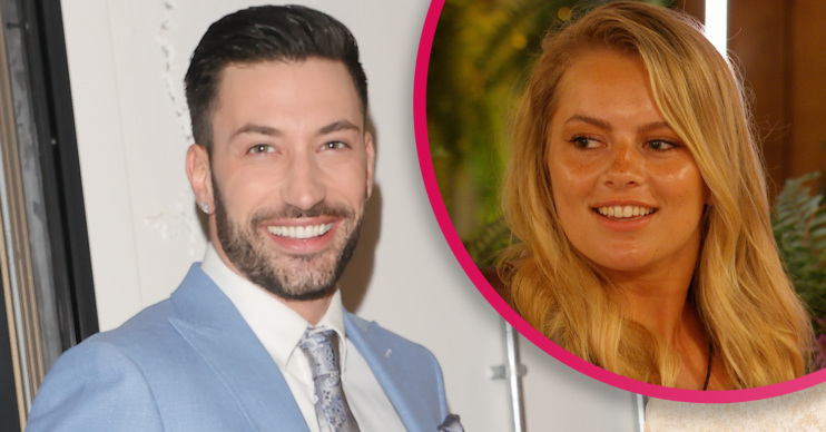 Giovanni Pernice in a blue suit smiling and Tasha from Love Island