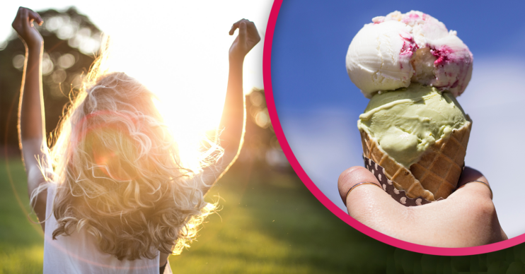 a girl dancing in the sunshine and someone holding an ice cream