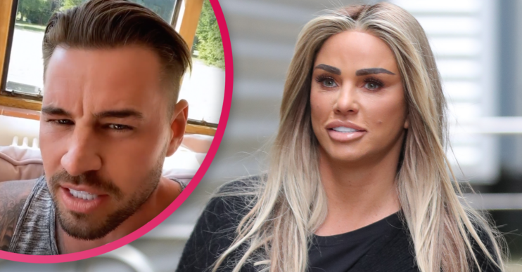 Katie Price and Carl Woods looking at the camera