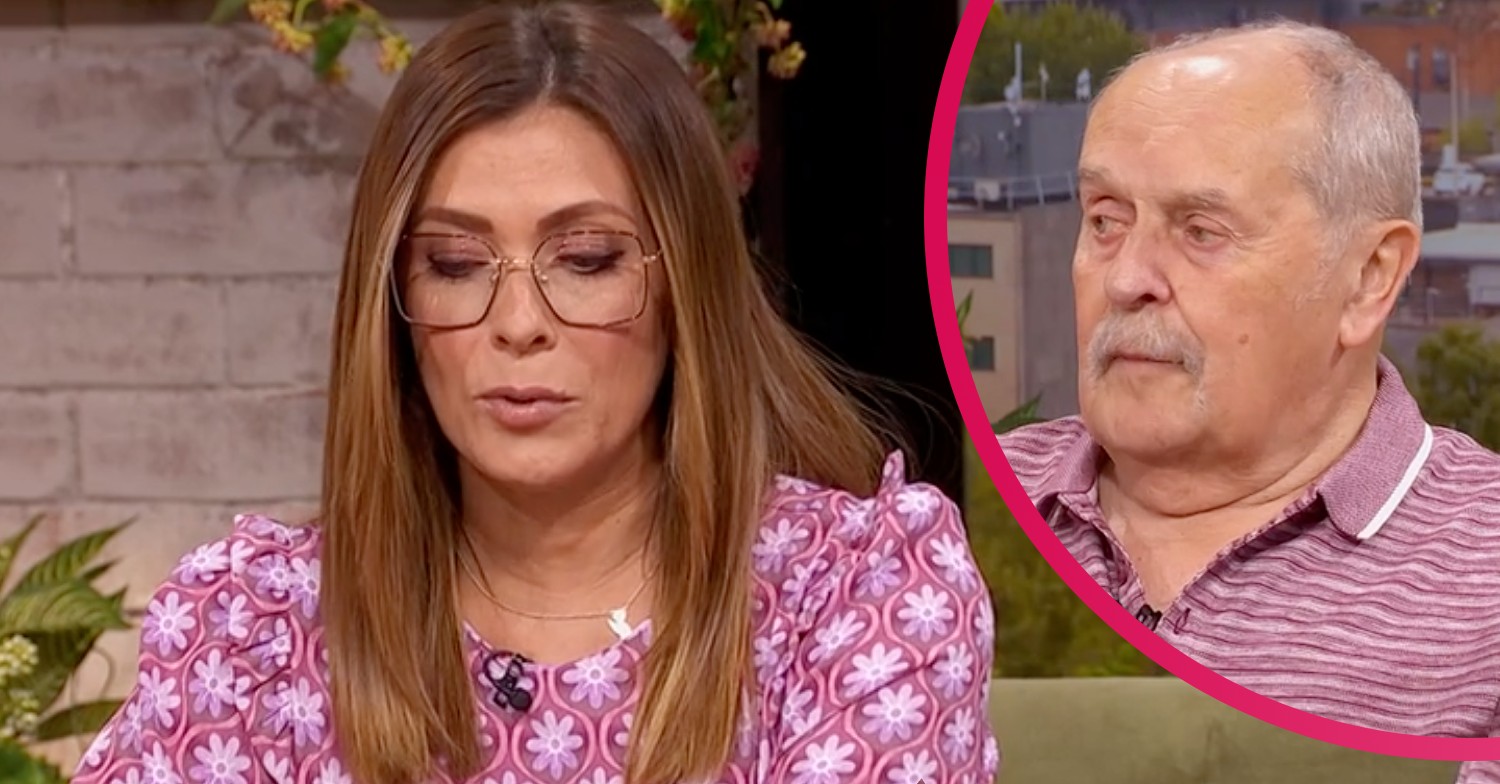 Kym Marsh looks down and her dad looks to the side