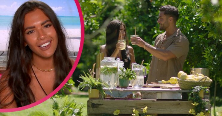 Gemma smiling in the Love Island Beach Hut and she and Davide cheers drinks on date