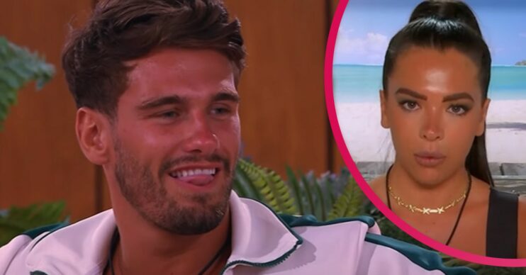 Jacques grinning on Love Island and Gemma speaking in the Beach Hut