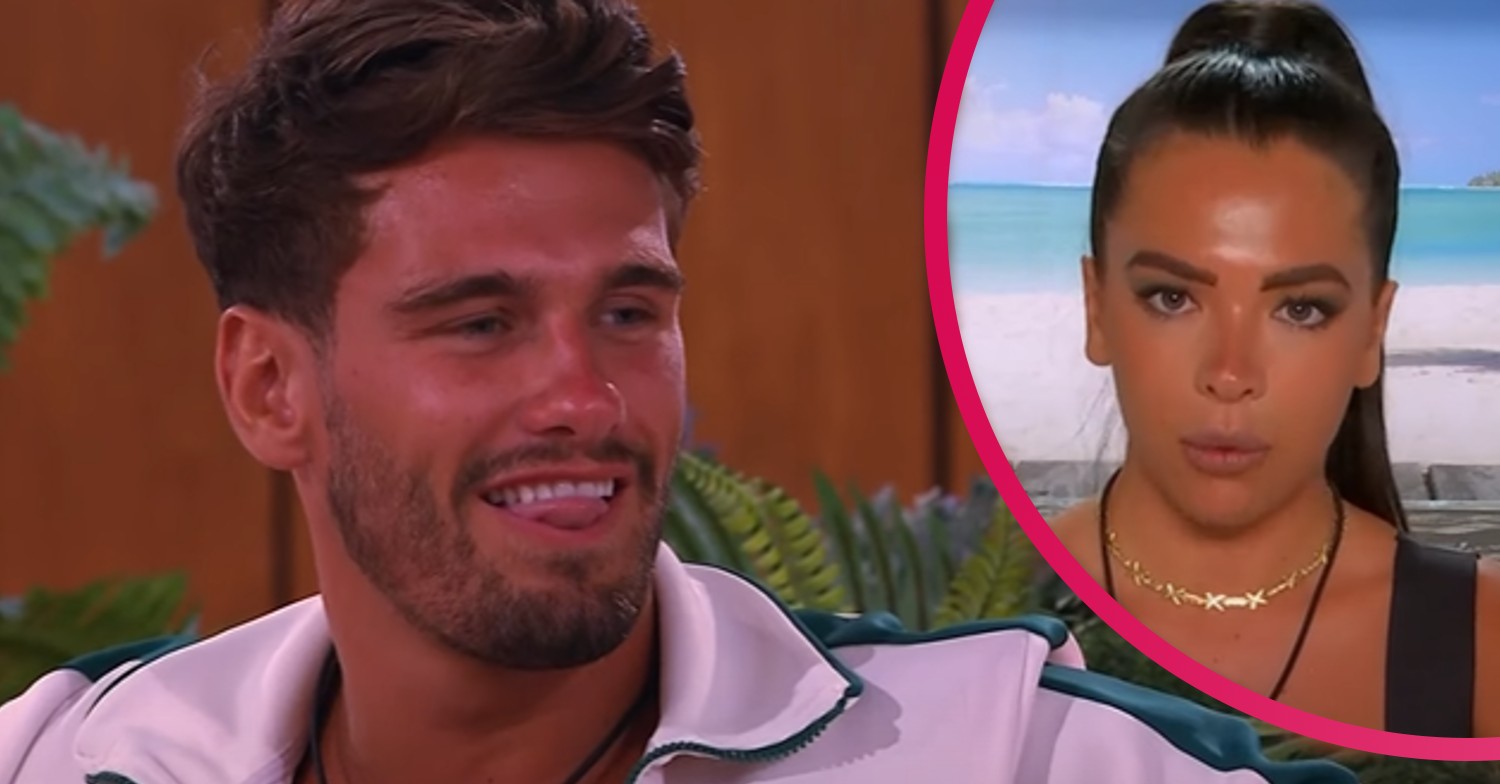 Jacques grinning on Love Island and Gemma speaking in the Beach Hut