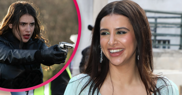 Paige Sandhu at the Soap Awards in a mint green dress smiling and inset at Meena in Emmerdale