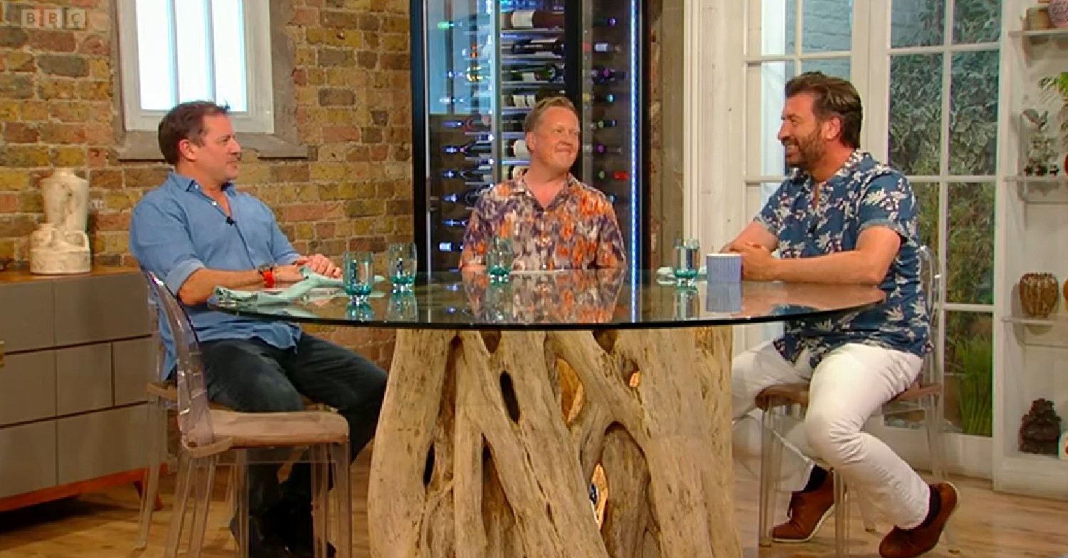 Matt Tebbutt and Nick Knowles with Saturday Kitchen guest today