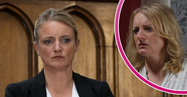 Nicola looking worried in court and looking scared at home in Emmerdale