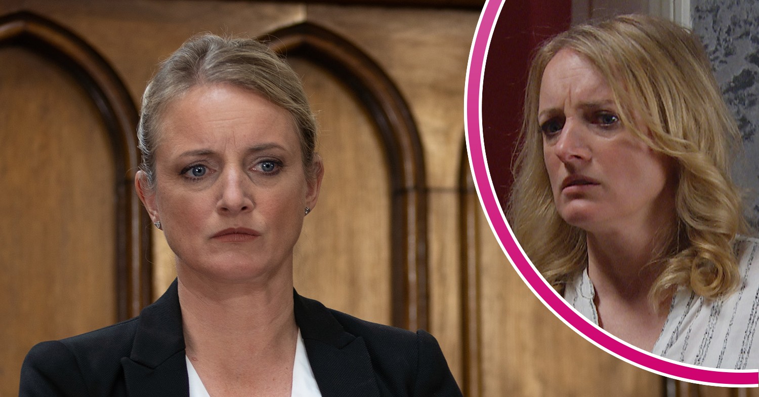 Nicola looking worried in court and looking scared at home in Emmerdale