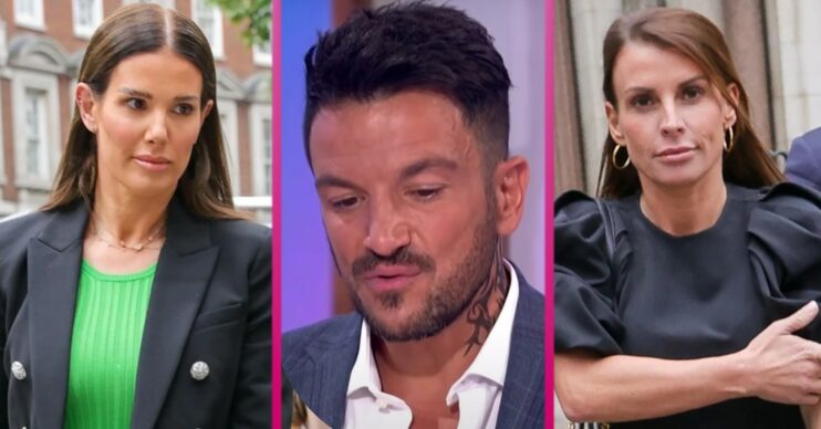 Rebekah Vardy and Coleen Rooney arrive at court, Peter Andre looks down