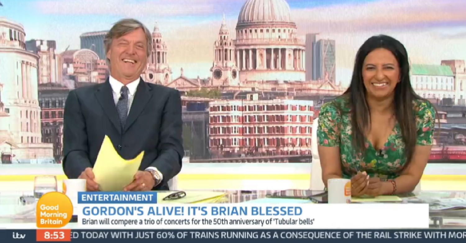 Richard Madeley and Ranvir Singh laughing during interview with Brian Blessed on GMB today