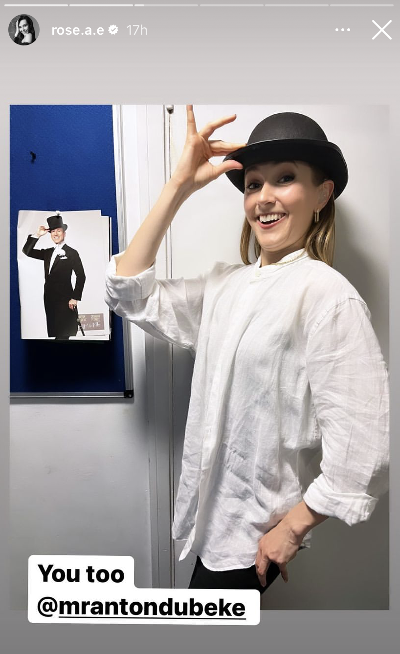 Strictly's Rose Ayling-Ellis in black hat and white shirt on Instagram stories