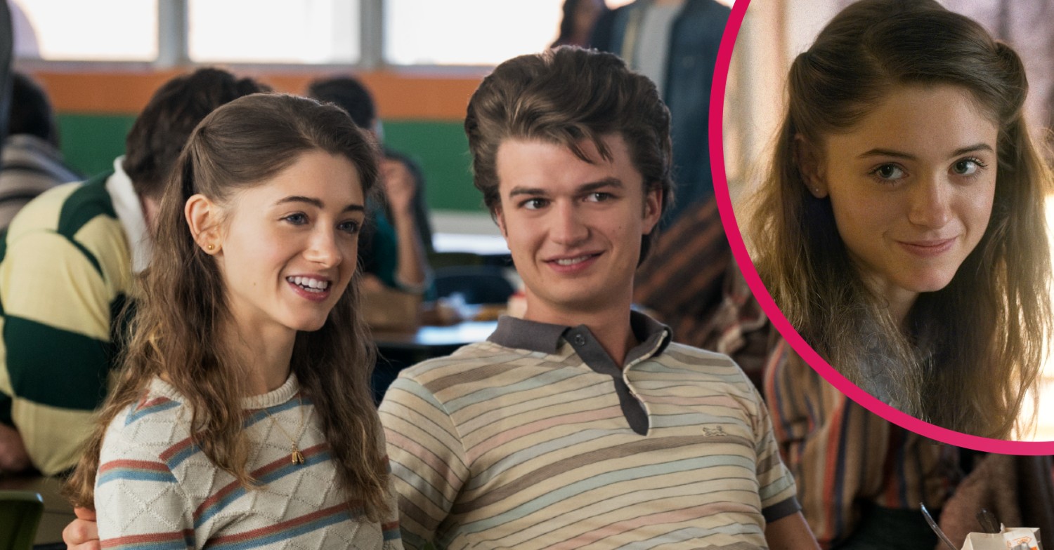 Steve and Nancy smiling in Stranger Things