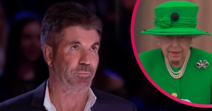 Simon Cowell speaking during BGT final and the Queen all in green on palace balcony