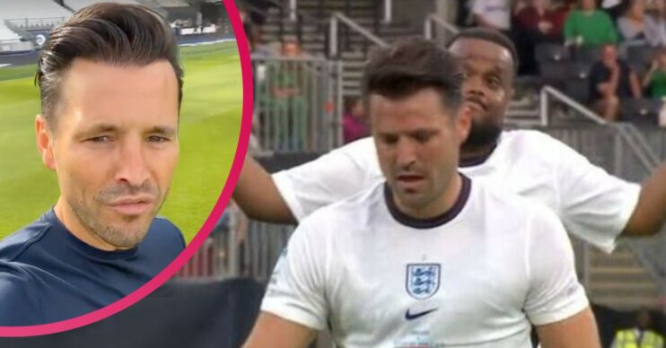 Soccer Aid player Mark Wright prepares to take a penalty as Chunkz shrugs