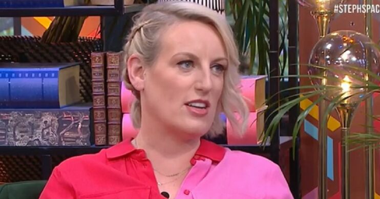 Steph McGovern in red and pink blouse on Steph's Packed Lunch today