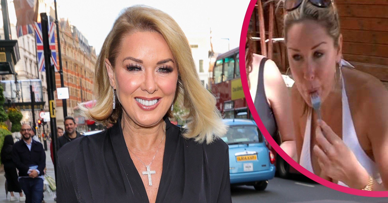 Claire Sweeney smiling and eating her dinner