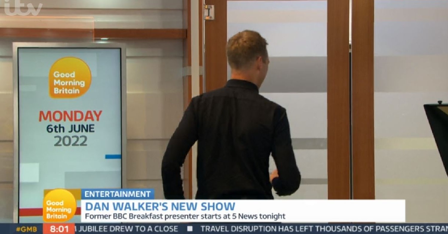 Dan Walker mocking Piers Morgan by walking off the GMB set