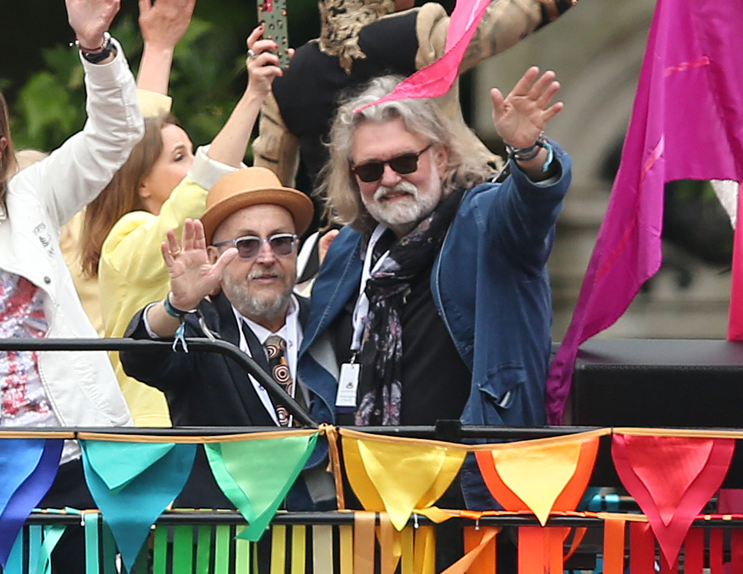 Dave and Is from Hairy Bikers on a bus at the jubilee
