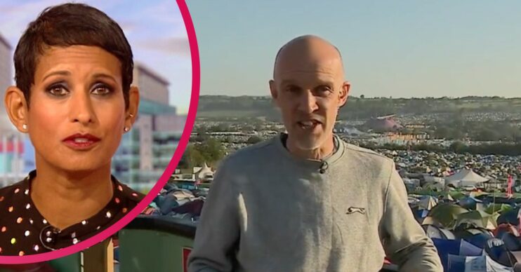 Naga Munchetty in BBC Breakfast studio, Colin Paterson at Glastonbury today