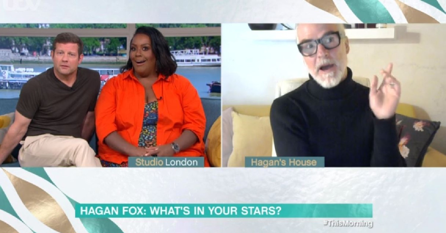 Dermot O'Leary listening and Alison Hammond looking shocked as Hagan Fox speaks via video link on This Morning