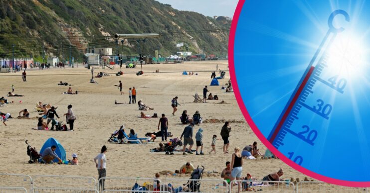 People sunbathing on a beach during a heatwave, thermometer showing 30C+