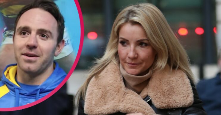 Helen Skelton in a coat and her husband in his rugby kit
