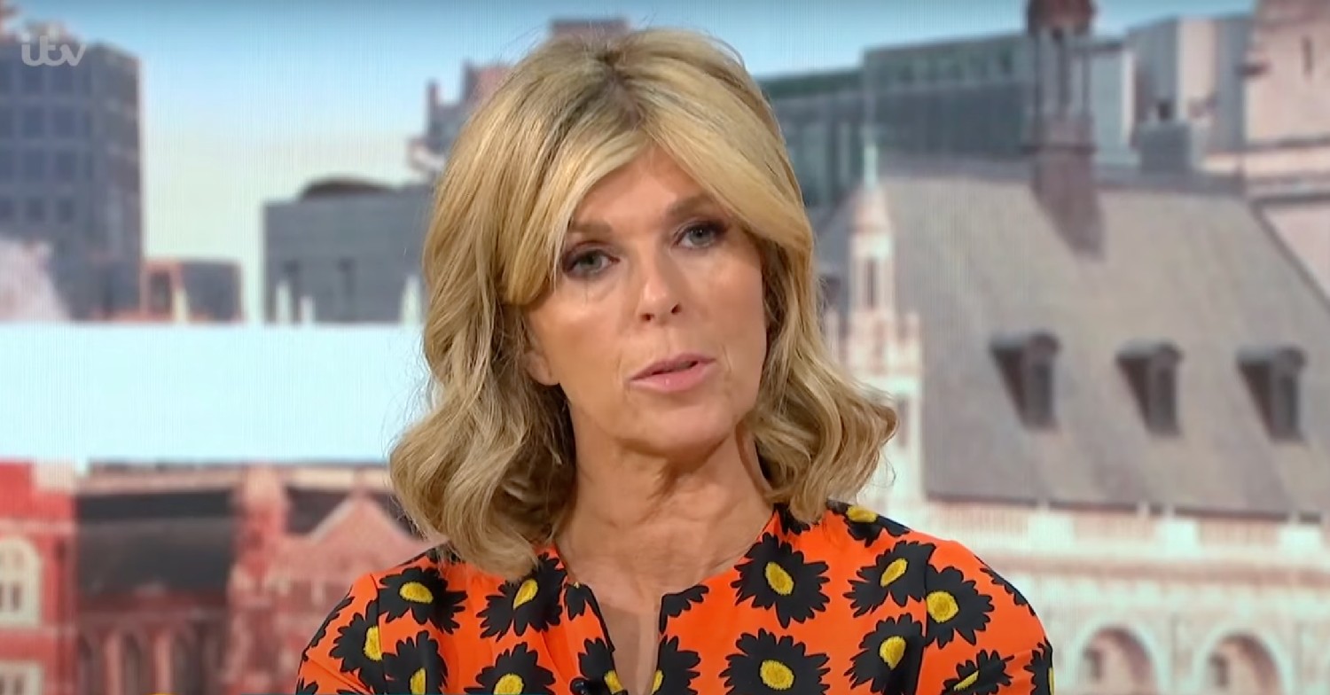 Kate Garraway looks serious on GMB today in floral dress