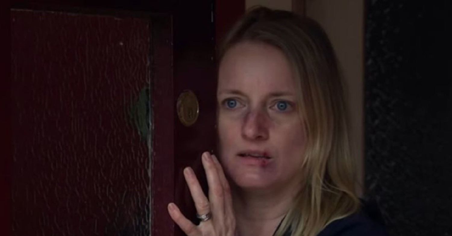 Nicola King in Emmerdale looking terrified