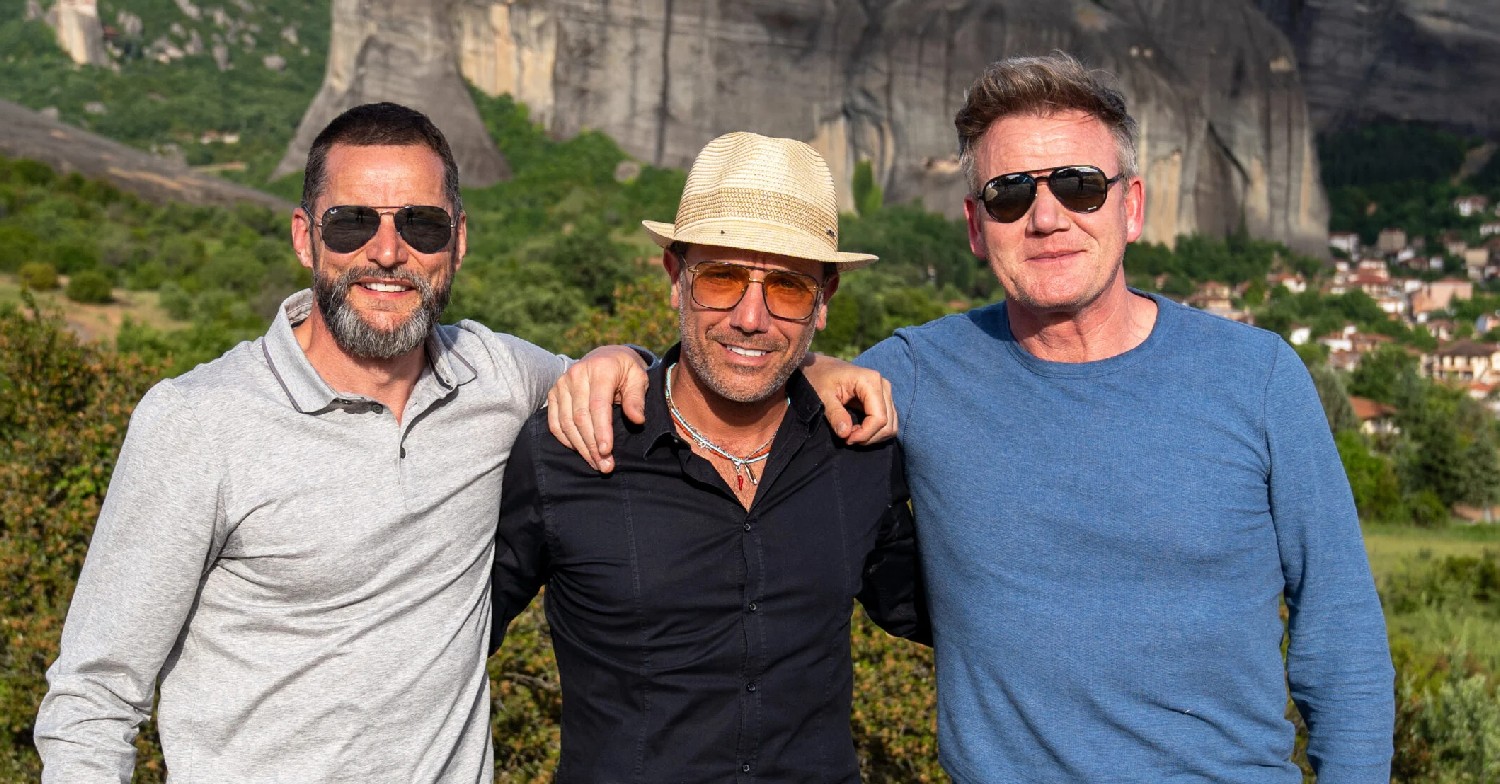 Fred Sirieix, Gino D'Acampo, and Gordon Ramsay smiling for the camera on Road Trip