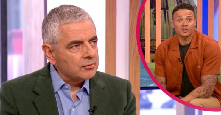 Rowan Atkinson speaking, Jermaine Jenas looking surprised on The One Show on BBC