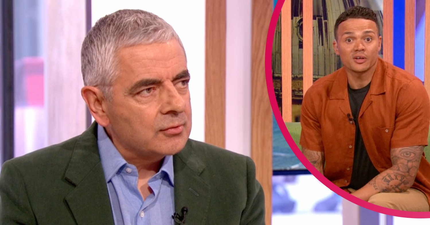 Rowan Atkinson speaking, Jermaine Jenas looking surprised on The One Show on BBC