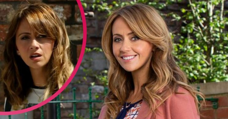 Samia Longchambon in Corrie smiling and looking scared
