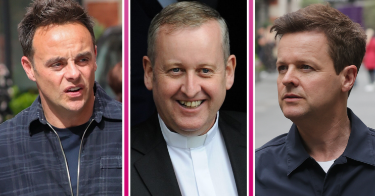 Ant and Dec looking sad and Father Dermott smiling