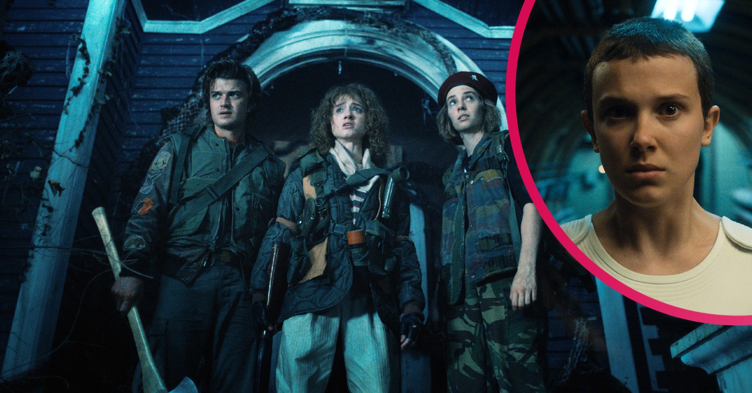 Steve, Nancy and Robin dressed in army gear will Eleven looks serious in Stranger Things season 4
