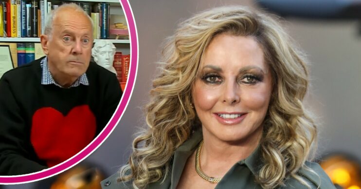 Gyles Brandreth looks shocked on Celebrity Gogglebox and Carol Vorderman smiling at premiere